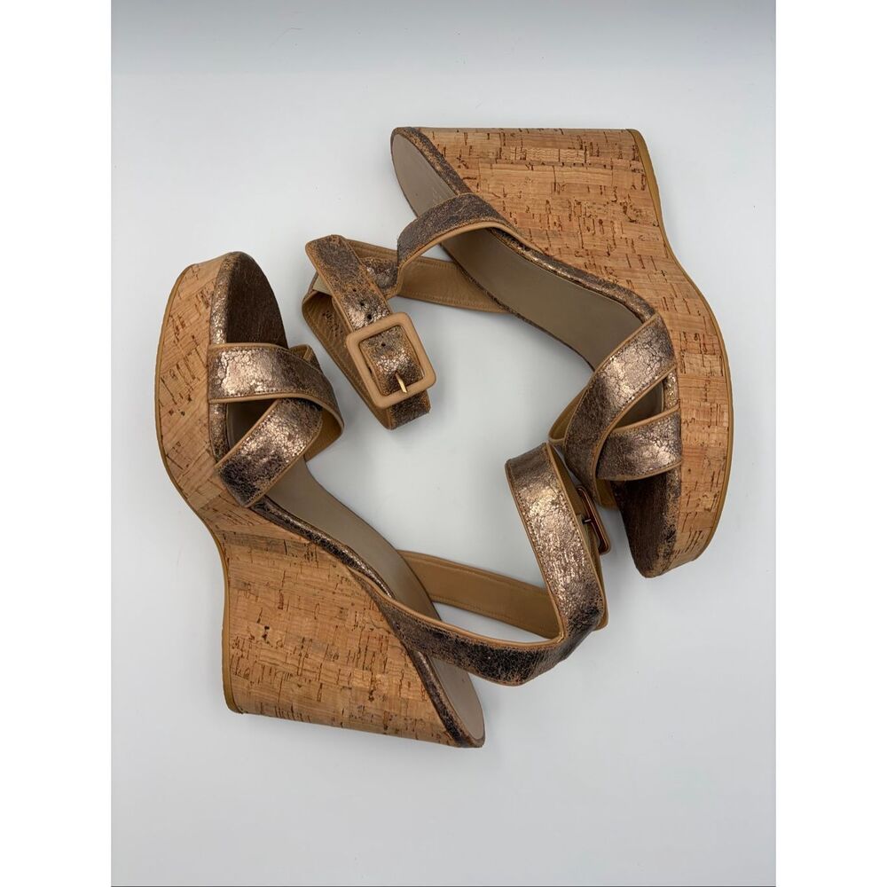 Stuart Weitzman Annex Penny Cork Wedge Sandals Metallic Crackle Leather 10.5 - Picture 11 of 12